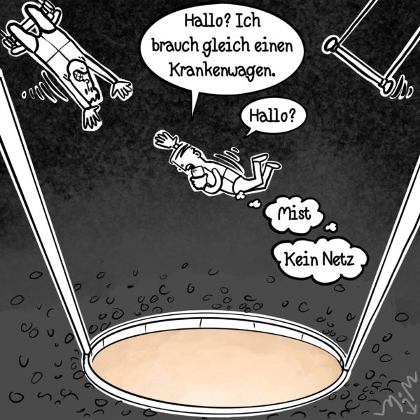 Cartoon: Trapezkünstler stürzt ab, telefoniert